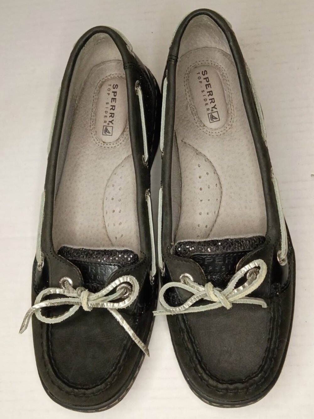 Sperry Angelfish Black Leather Boat Shoes Women’s 7.5M Silver Accents